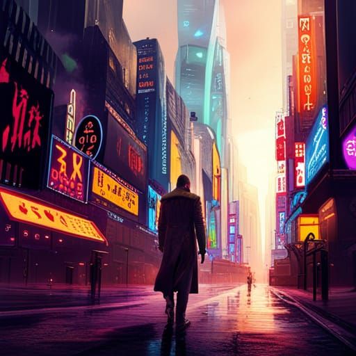 Man in a trenchcoat walking in a street of a cyberpunk city. - AI ...