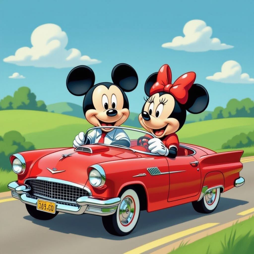 Mickey and Minnie Drive a Red Convertible
