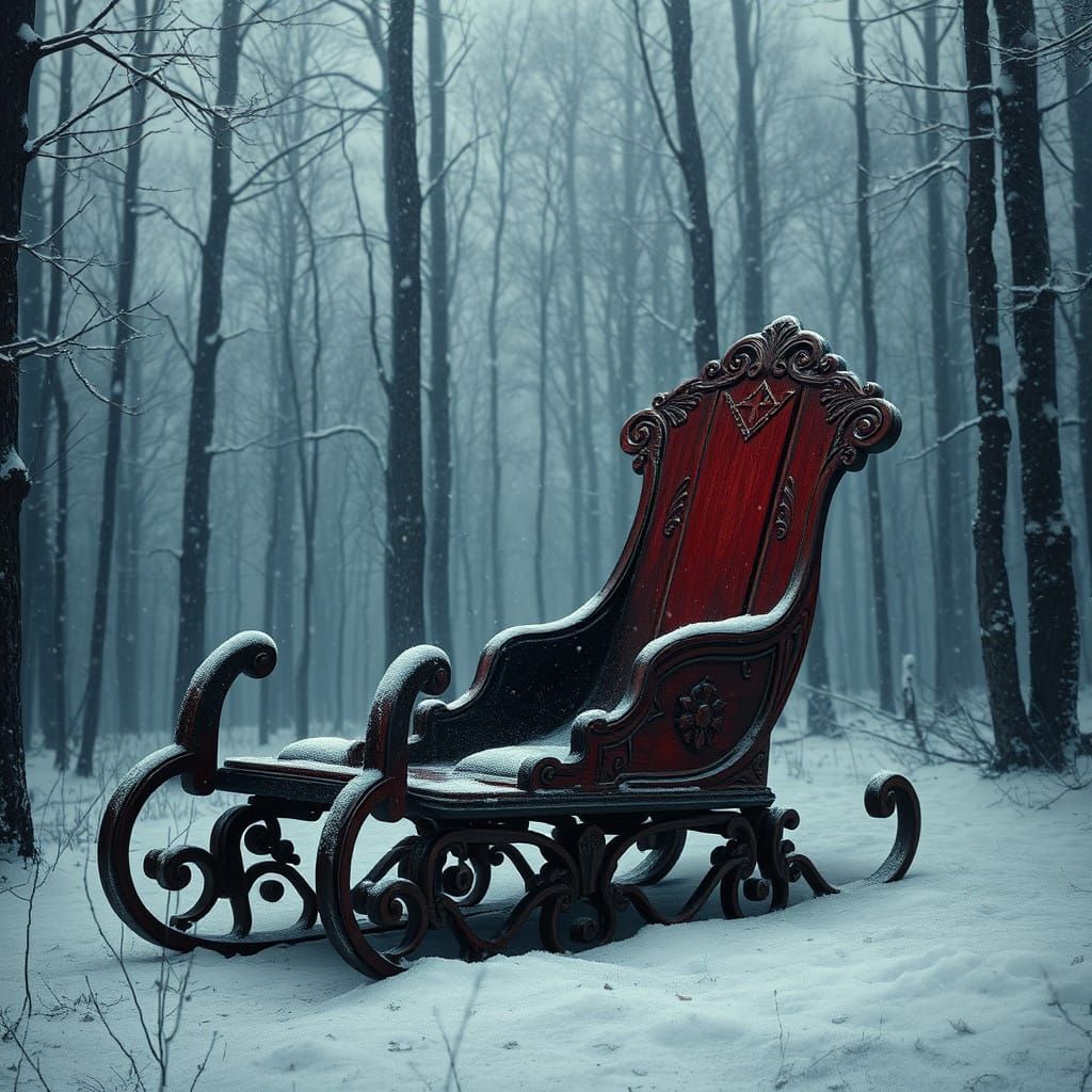 a red winter sled, ominous snowfall