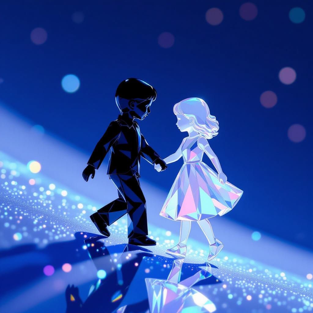 Crystal Figures Descending Slope in Ethereal Light