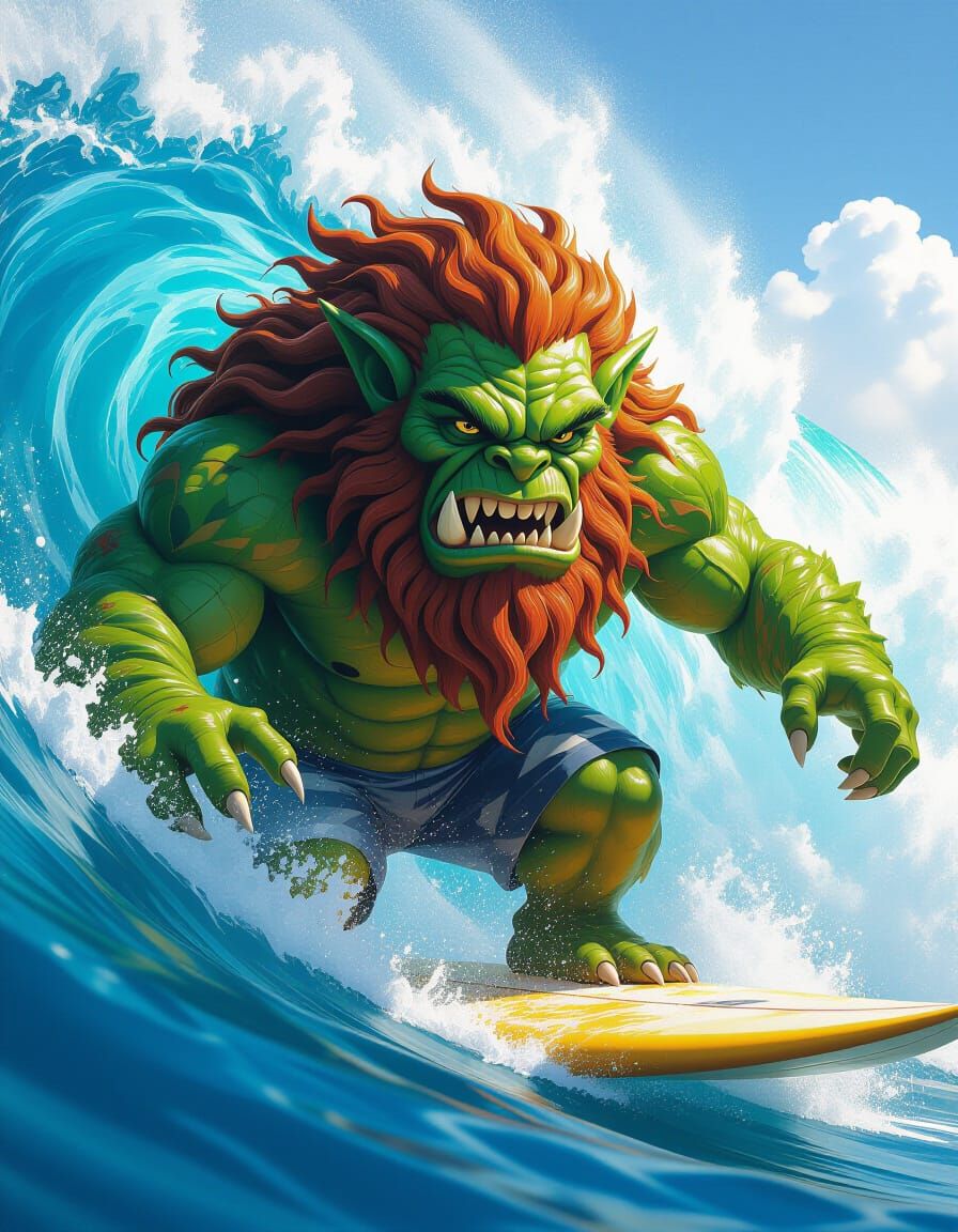A Intricately detailed portrait for  monster in hawaii enjoying surfing on high waves. Ultradetailed, ...  by @Repairer
