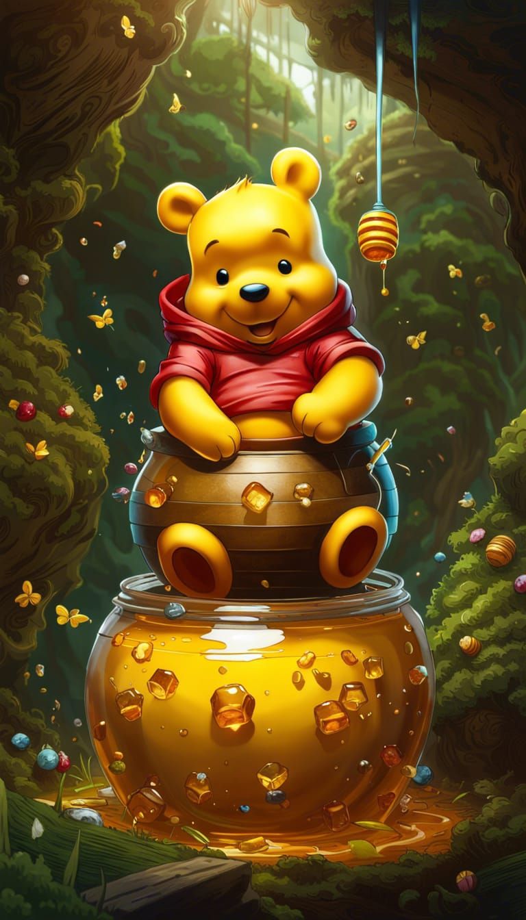 Pooh Stuck in a Honey Pot - AI Generated Artwork - NightCafe Creator