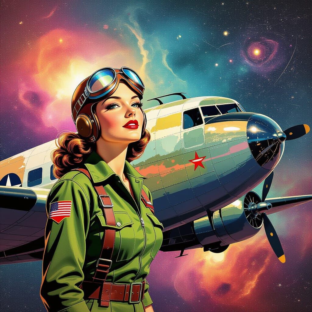 A Beautiful 1940s pin up girl painted on the side of  a old bomber plane. Ink splattered background