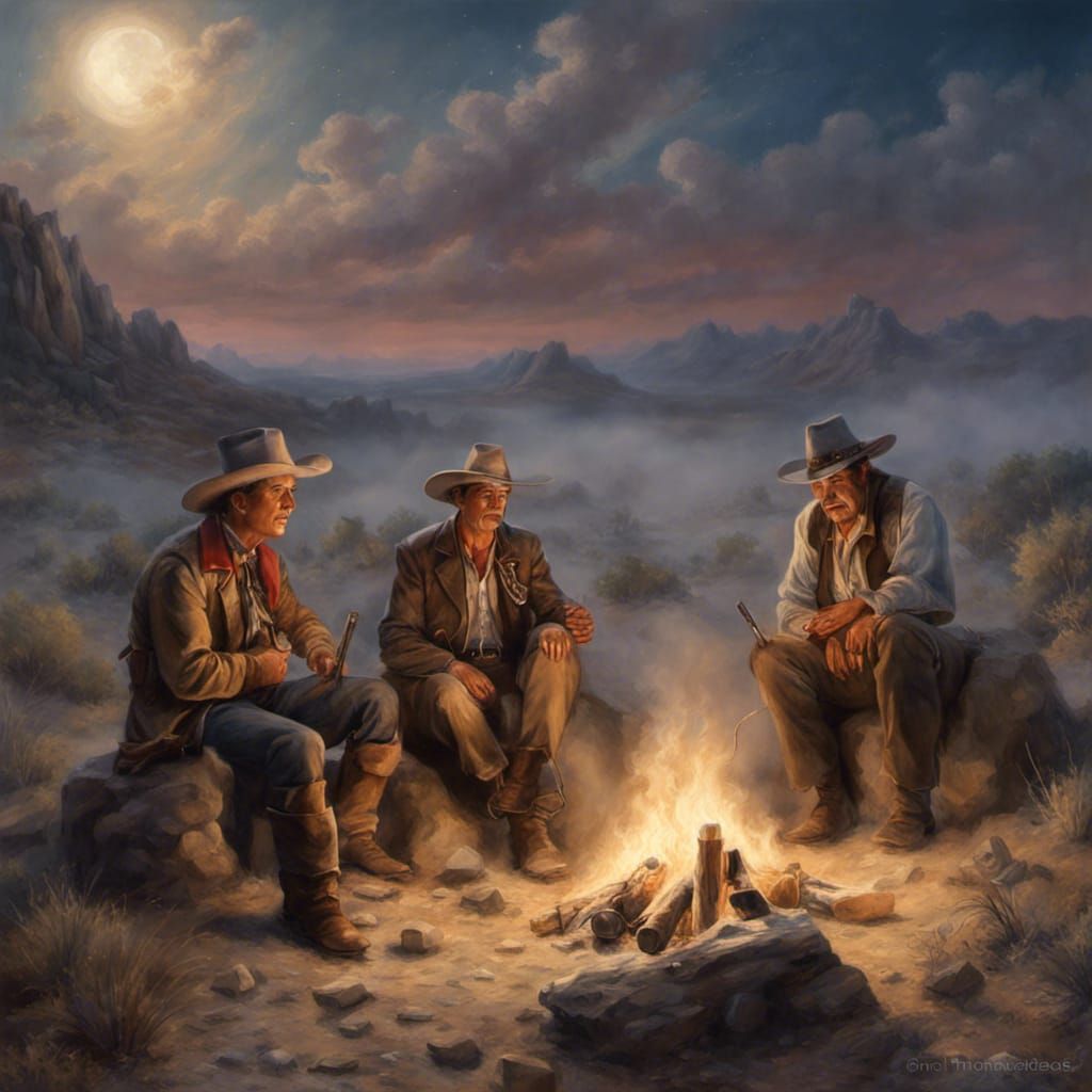 Photorealistic old west campfire in the desert moonlight with Wild Bill ...