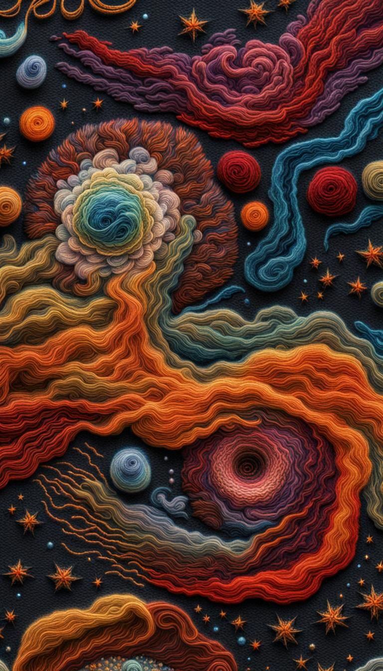 Colorful Nebula Embroidery, Fine Detail, woven scene, fabric...