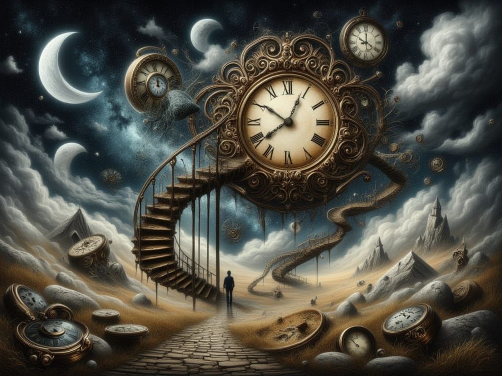  <lora:FiosTimeWarp:1.0> The lone Traveller in a spiral world of clocks