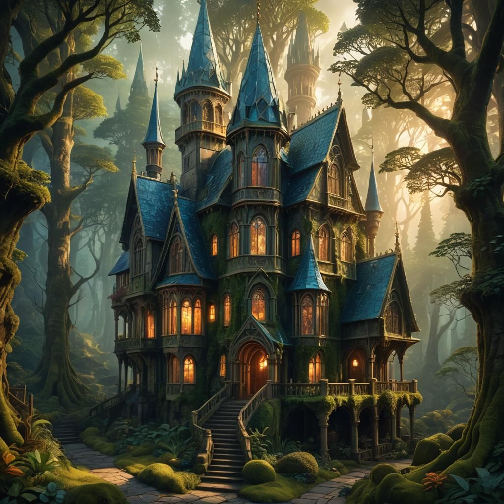 Mystical Forest House with Spires: Fantasy Concept Art