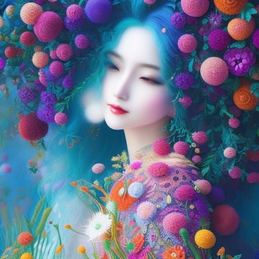 happy woman laughing with hair in motion trapped in flowers ...