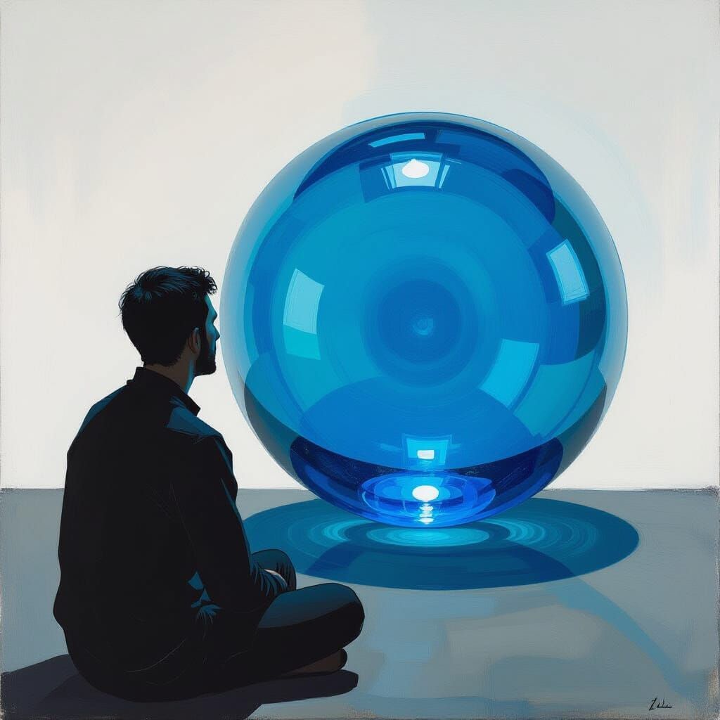Figure Gazing into Blue Orb in Surreal Dreamscape