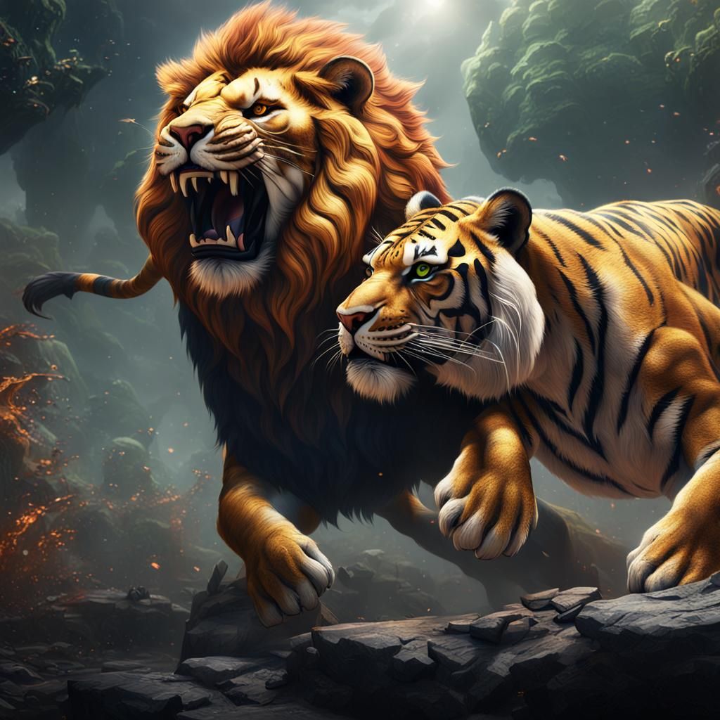 The lion and the tiger are fighting fiercely