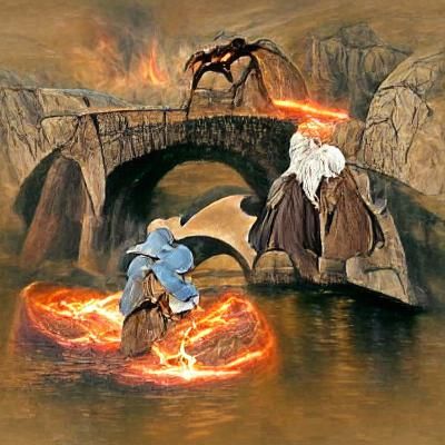 Gandalf and the Balrog fighting on the stone bridge - AI Generated ...