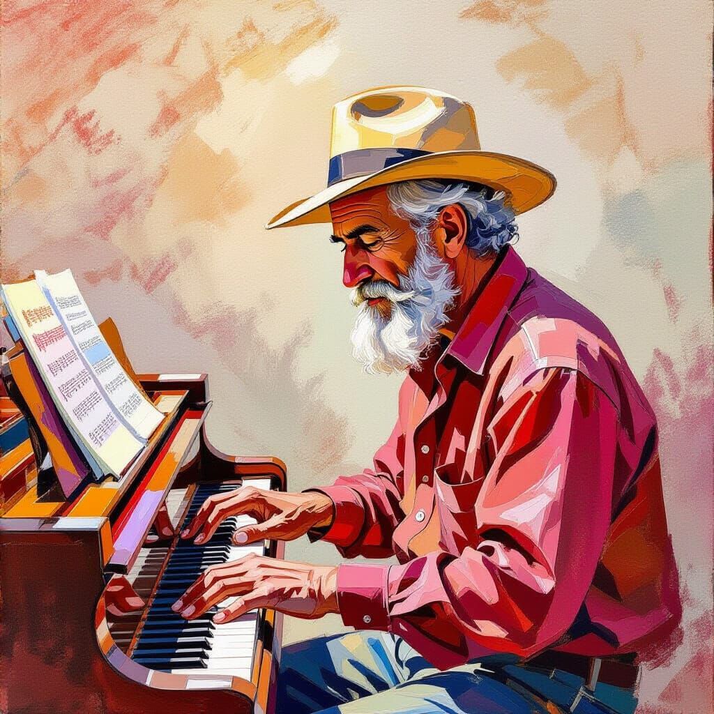 Red Piano Under Bridge in Gouache Impressionist Style