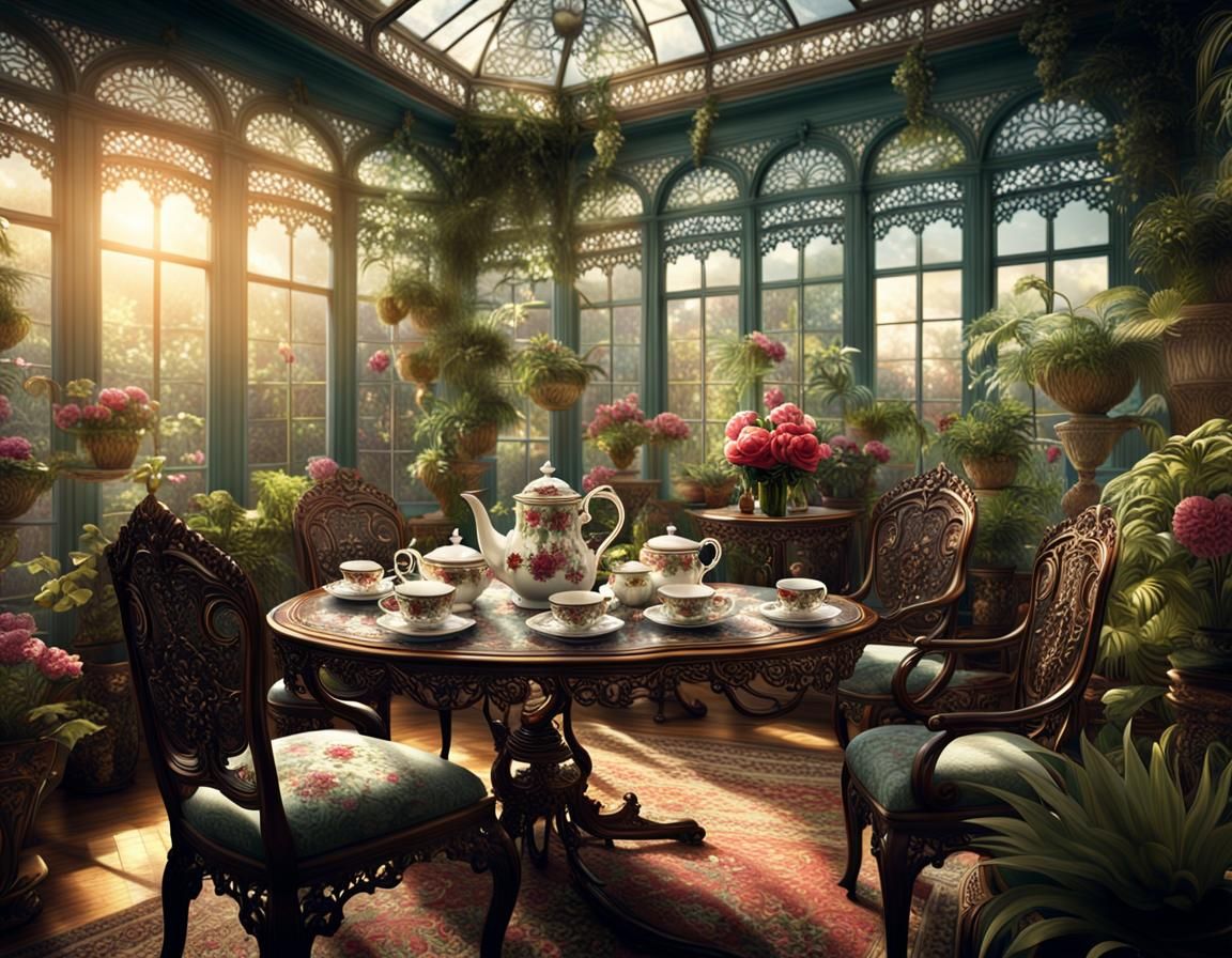 Victorian lacy table set for afternoon tea in sunroom surrou...
