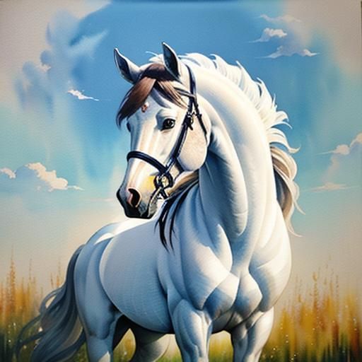 watercolor painting in the style of Anna Razumovskaya, a beautiful white horse with a beautiful woman, ...  by @Hugo Raul
