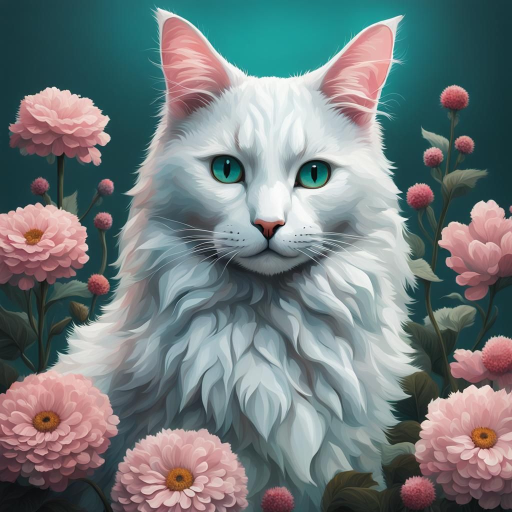 portrait of a Turkish Angora Cat resting on flowers, cute and adorable ...