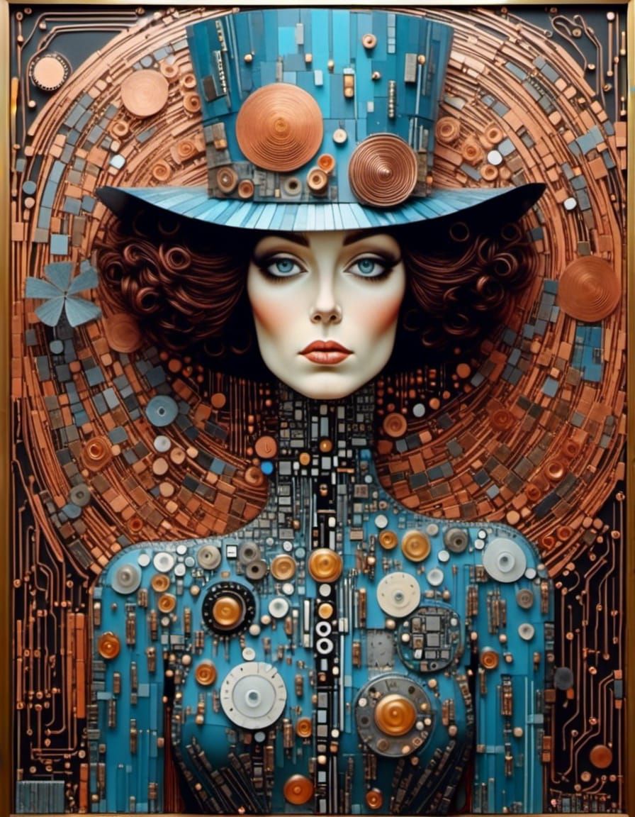 <lora:Circuitous:1.0> portrait woman by Gustav Klimt, Charley Harper, Roger Dean, copper and light blue style, super fine detail, fine brush...