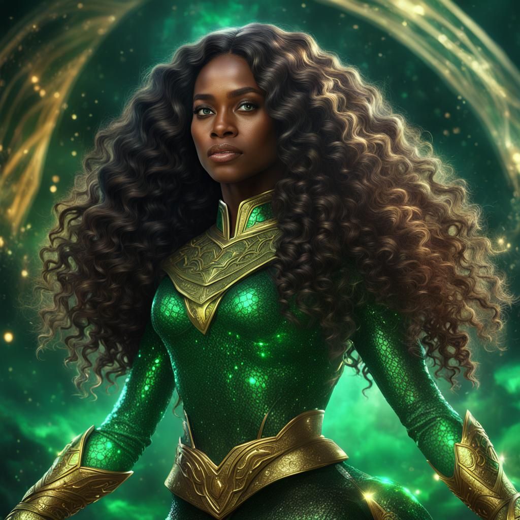 black woman with long curly hair as the green dragon gemston...