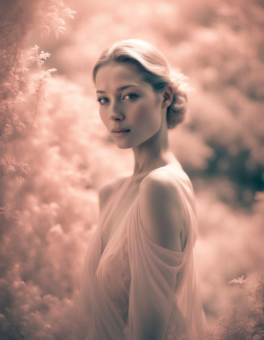 An ethereal, otherworldly woman gracefully poses in an infrared