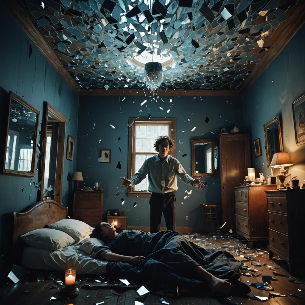 Upsidedown surreal astral projection ultimate dark hq 4k nightmare reality bedroom 50/50 twin world mirror reflection uncanny