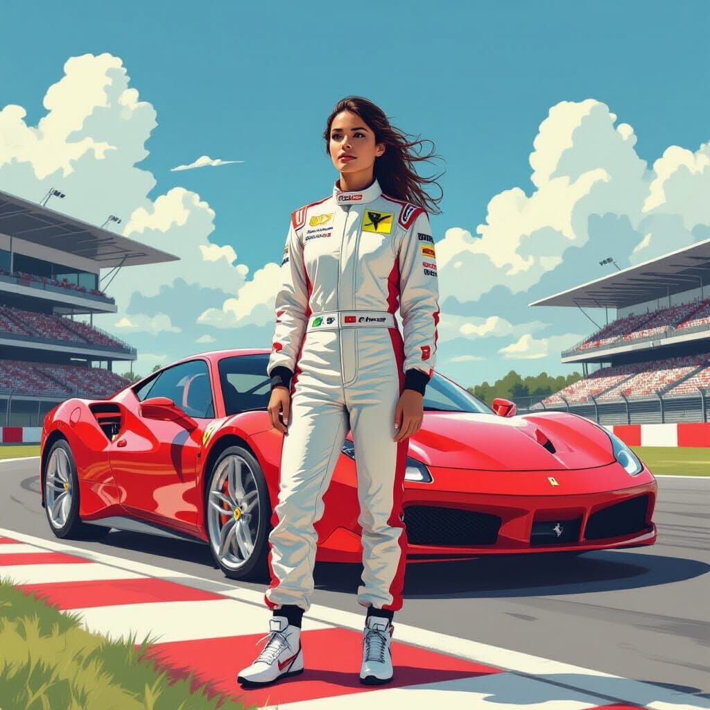 Race Car Driver with Ferrari in Futuristic Style