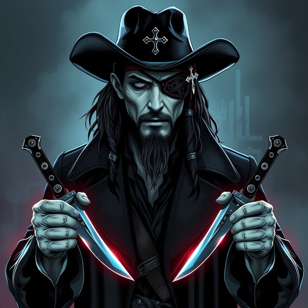 Make a picture of a outlaw psycho with two knifes he's weari...