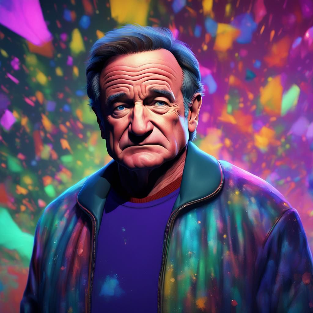 Actor Robin Williams, Sad, Cyber Fairy Grunge, Oil Painting, Wide Shot 