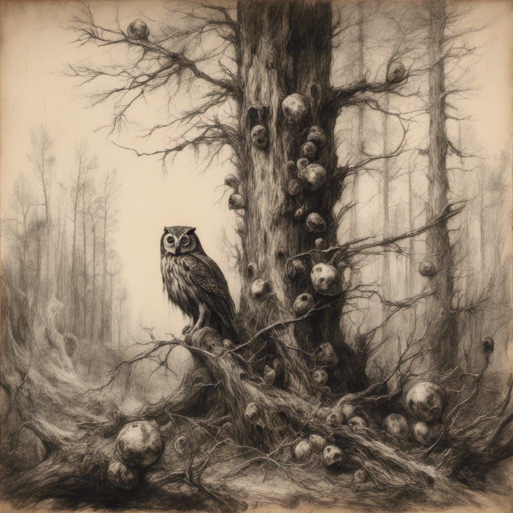 <lora:Macabre:1.0> Black Ink larch fully with  cones on some...