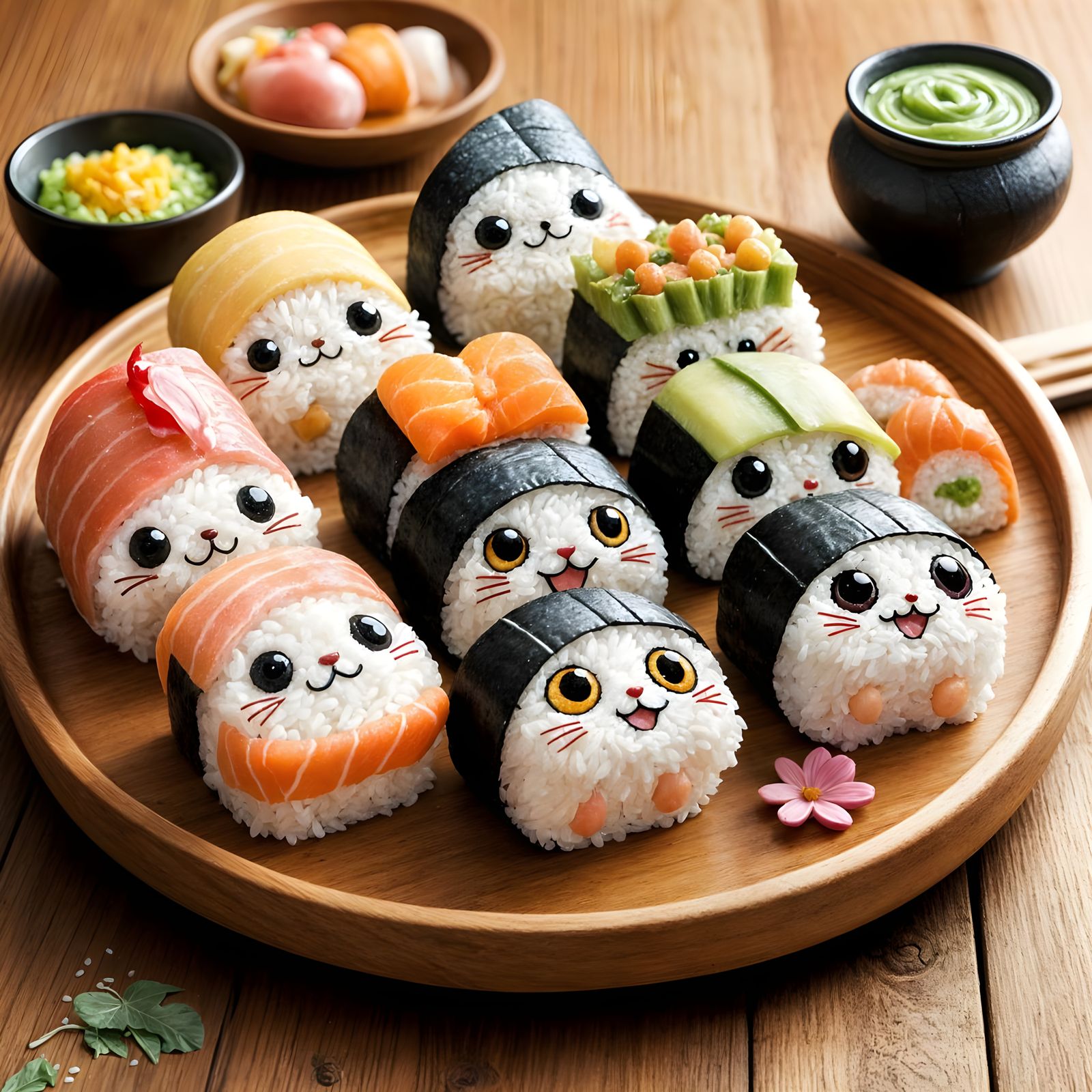 Cute Kawaii Sushi Rolls on Wooden Plate