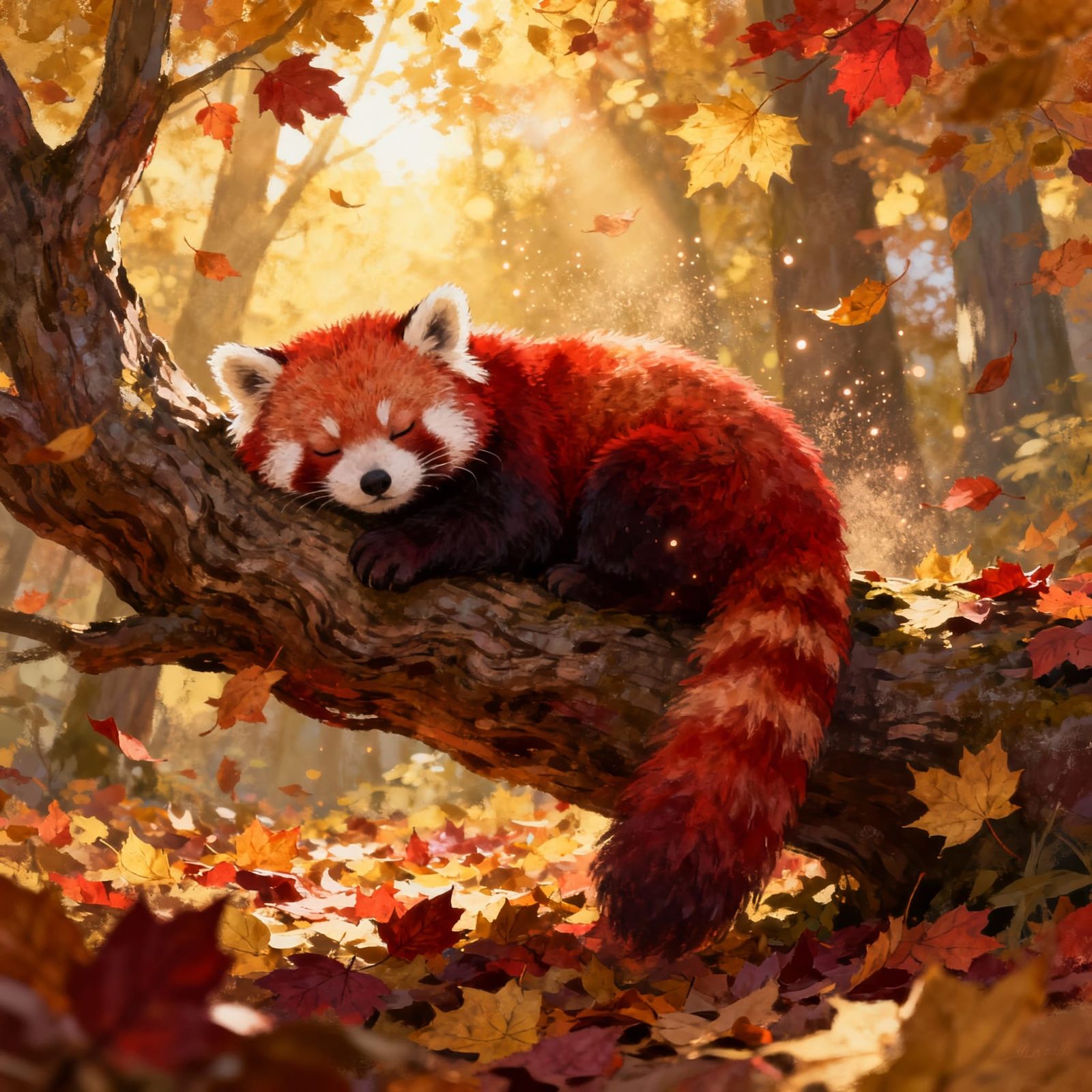 A red panda lounging on a branch surrounded by autumn leaves.   by @Harald Weiss