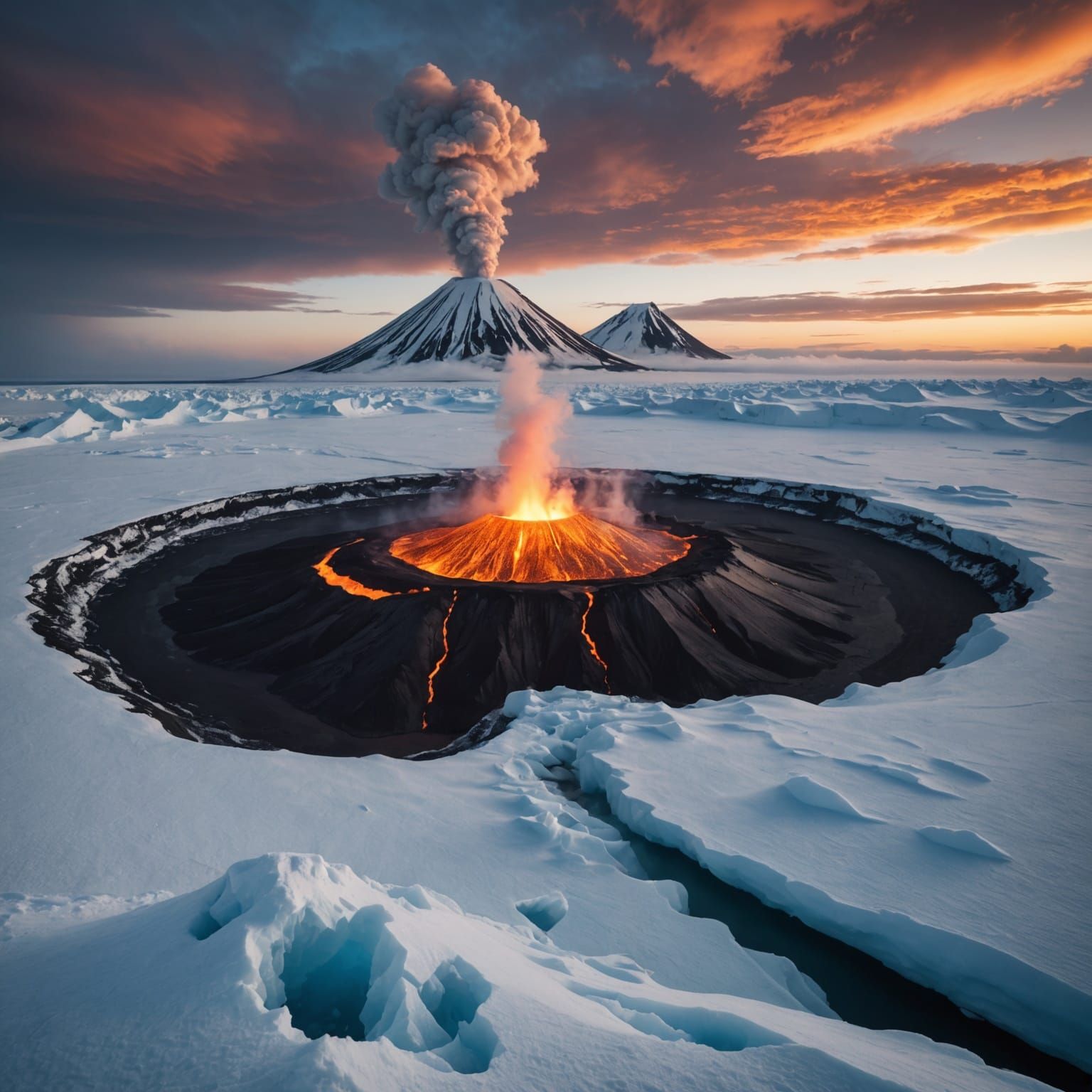 frozen volcano in the middle of an arctic landscape, where m...