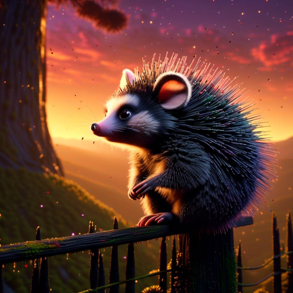 <lora:1TI-E:1.0> A Grumpy possum sitting on a fence, stunning forest sunset. Endless landscape view.