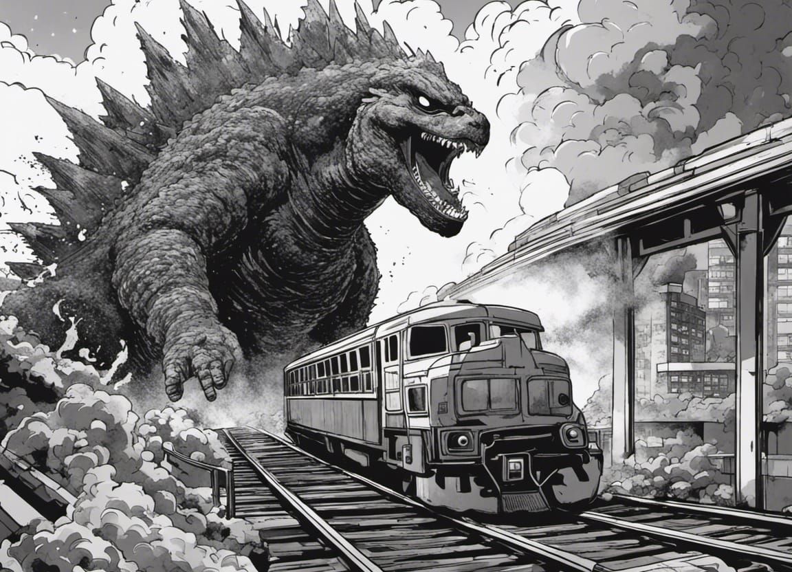 Japanese manga style black and white illustration of godzill...