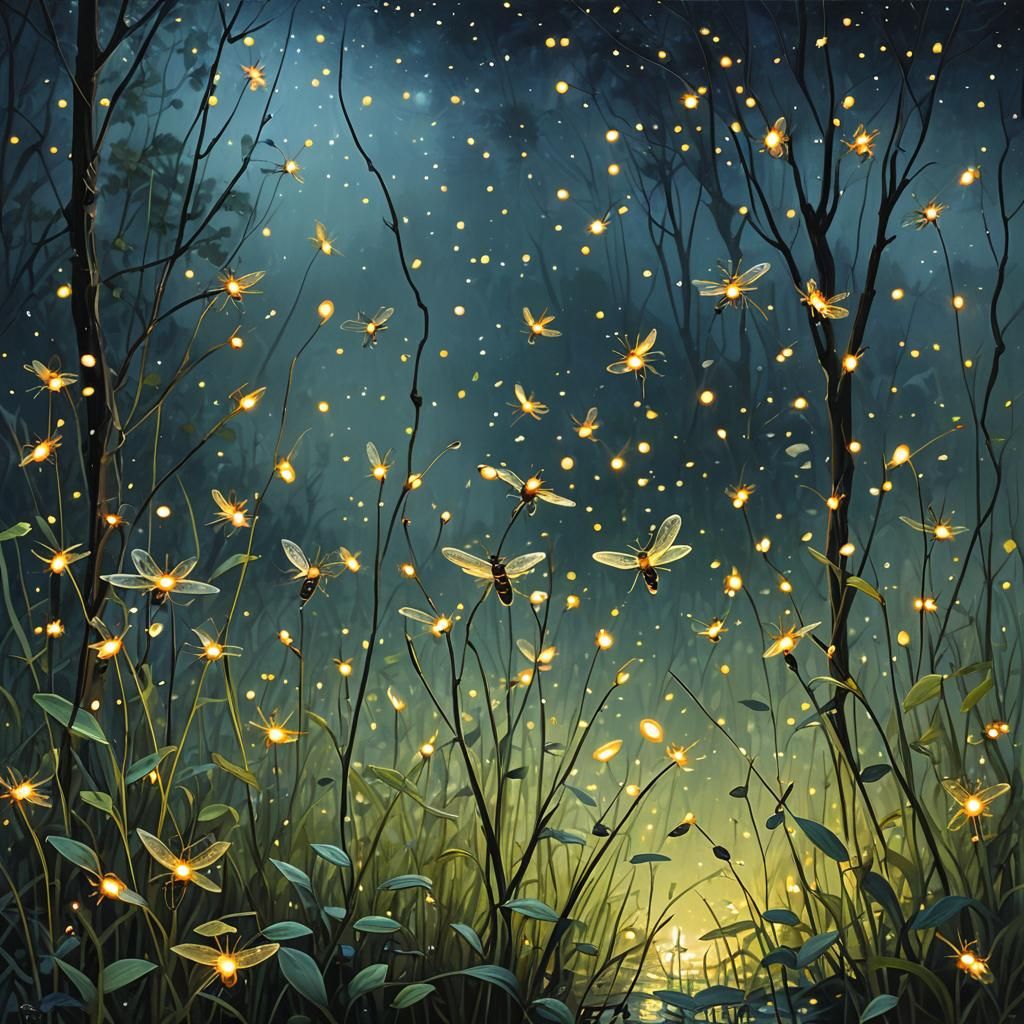 Amidst the dusky evening, a shimmering swarm of fireflies da...