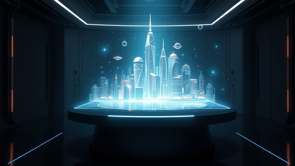 Glowing Futuristic Cityscape Hovers in High-Tech Room