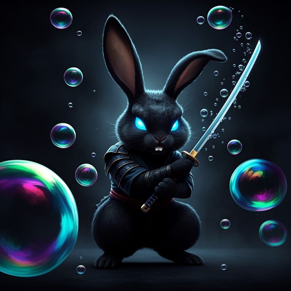 Black Japanese ninja rabbit with eerie glowing eyes/attacking iridescent bubbles with a samurai sword/large ...  by @Bubble