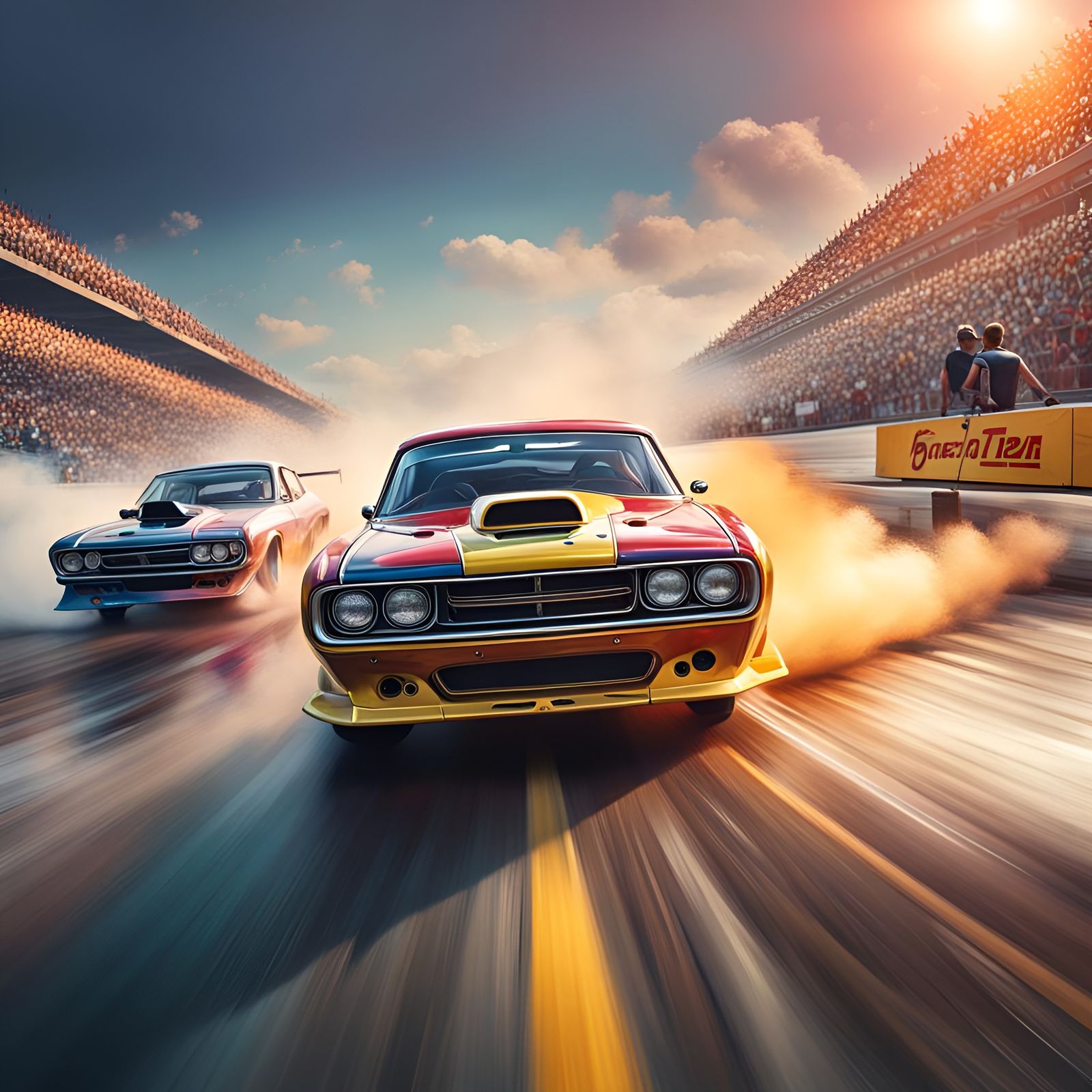 Drag racers on a road racing, high resolution.   by @Irene