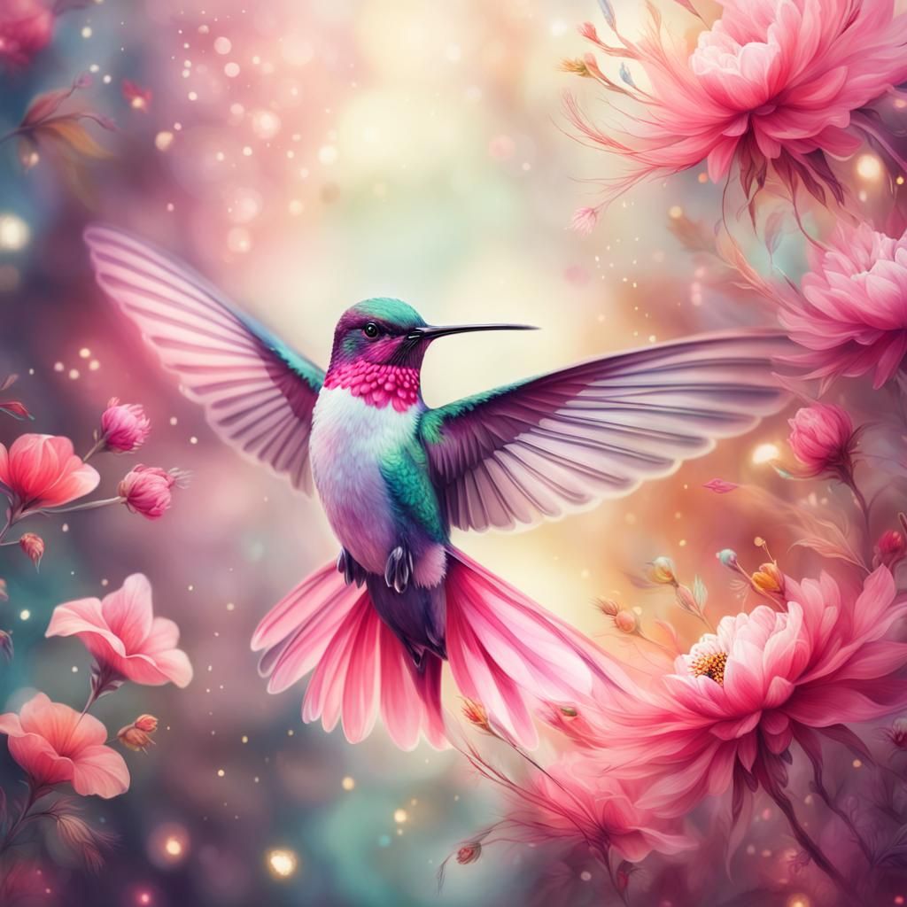 Pink Hummingbird in Flight  by @AI Art Tutorials