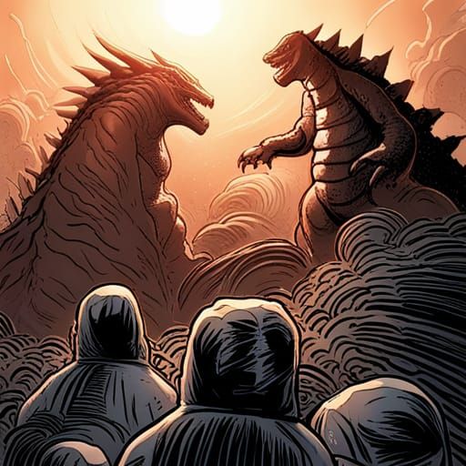 Draw a picture of the offspring of Godzilla and Gorgo.