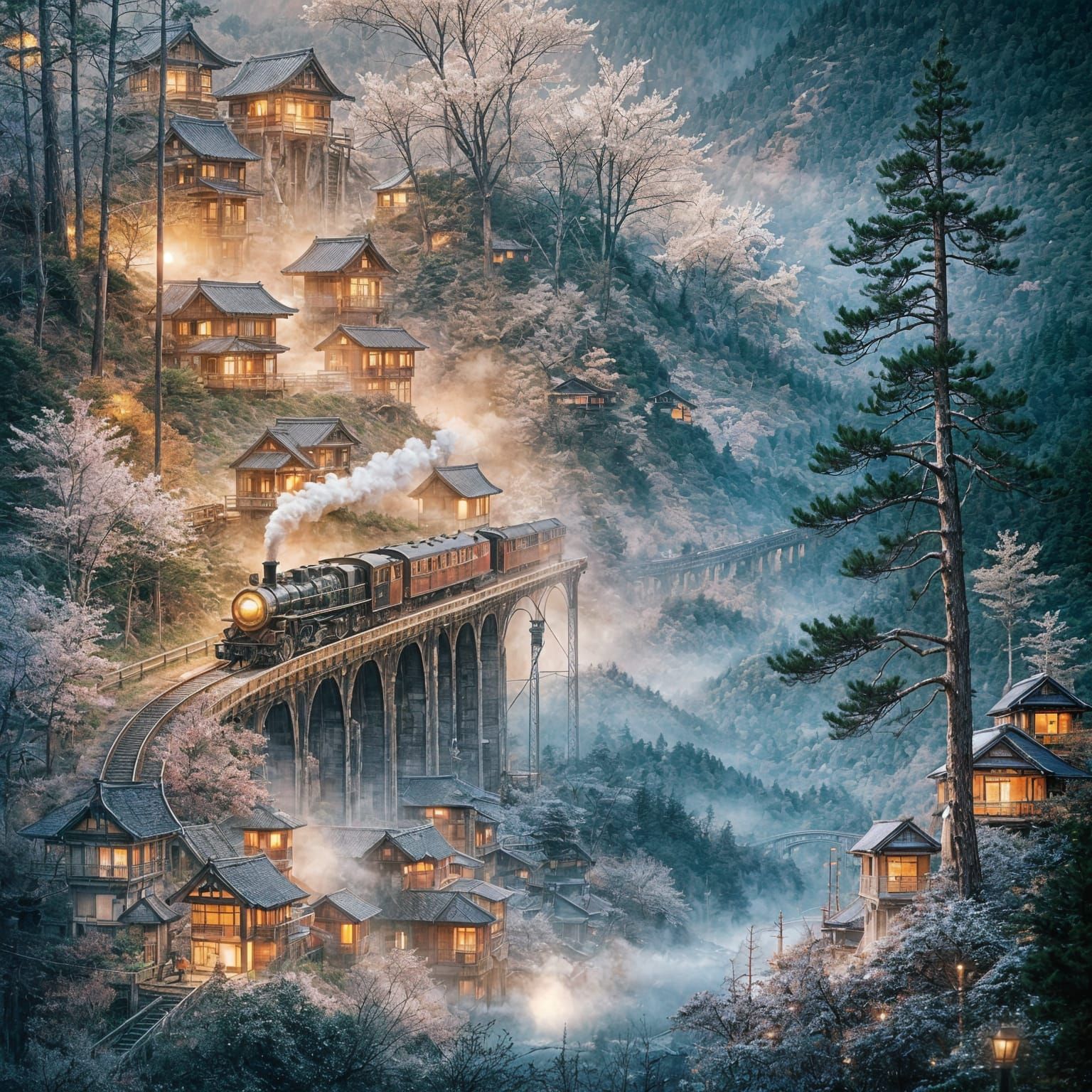 Vintage Train Journey Through Japanese Mountains