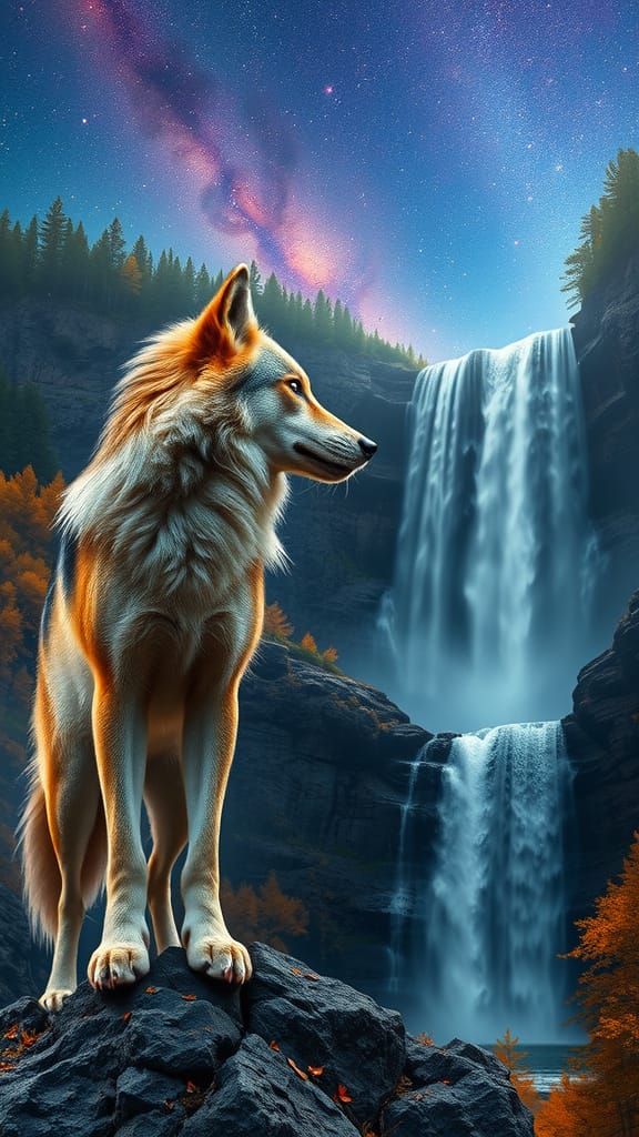 A majestic wolf stands on a rocky outcrop, gazing at a waterfall in Autumn. The waterfallis the main focusof the image. The scene is rendere...
