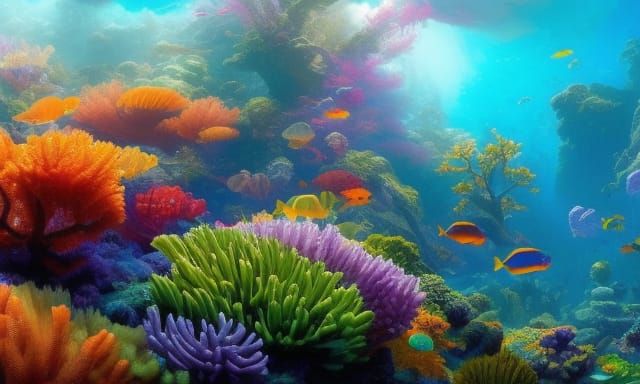 a scene of a vibrant underwater coral reef teeming with trop...