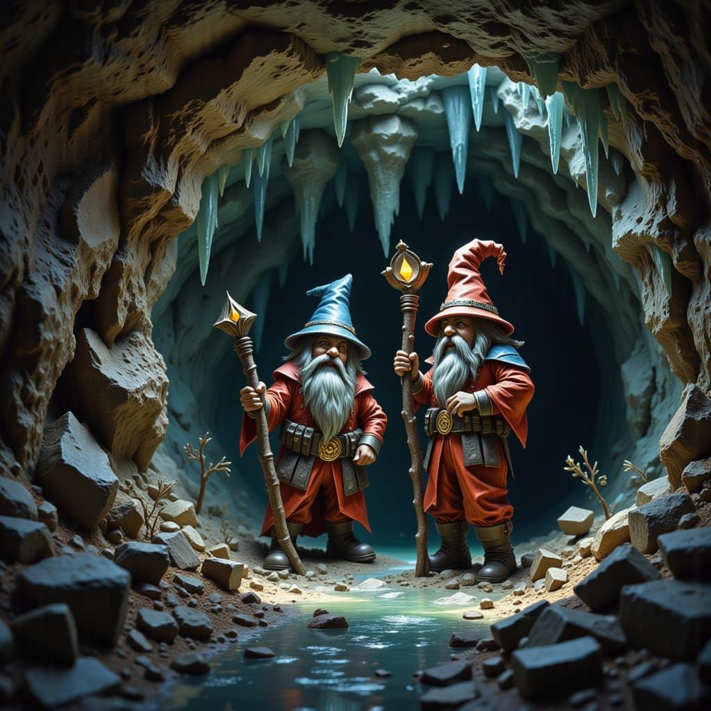 Two Dwarf miners in a tunnel. Hyperdetailed. Incredible composition. <lora:Dragon lair:1.0>