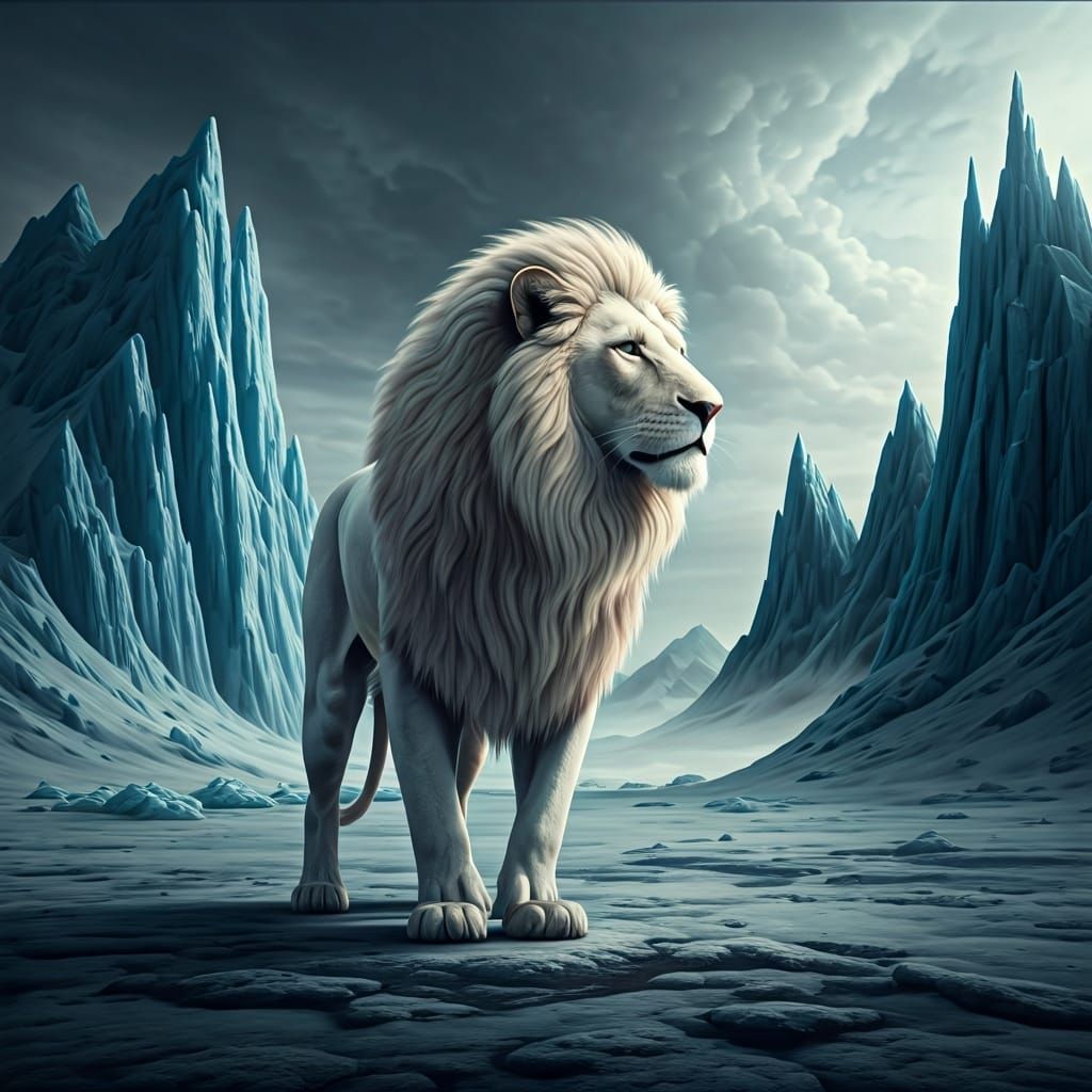 Majestic White Lion in Ice Desert, Hyperrealistic Style