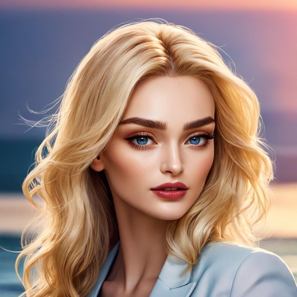 Blonde Bombshell on the Beach: Hyper-Realistic Portrait