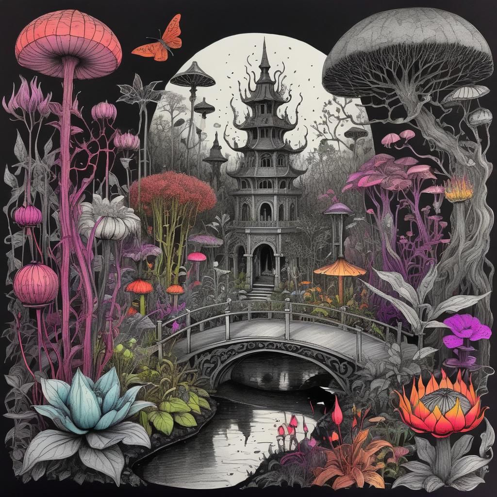 the detailed magical, fantasy world of a Botanical garden, b...