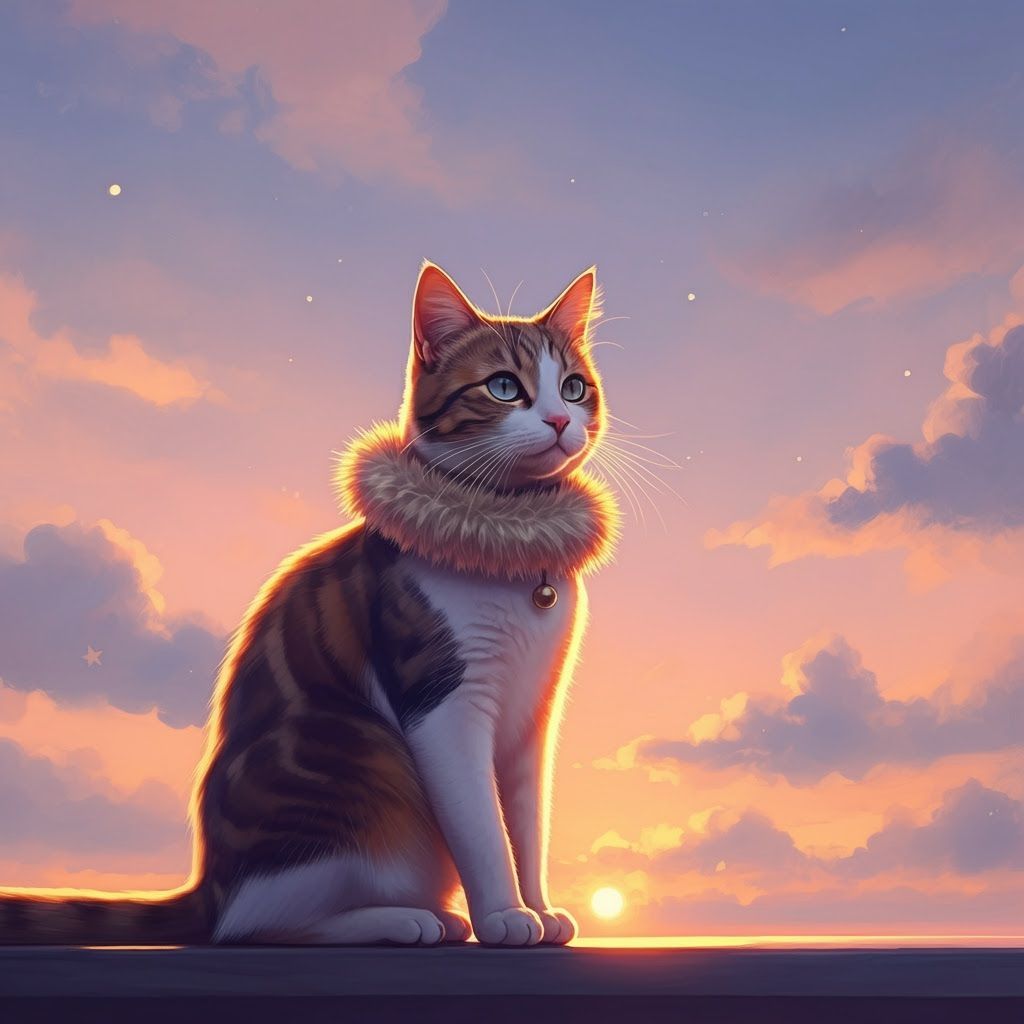 Cat Silhouette Against Sunset Sky in Dreamy Style