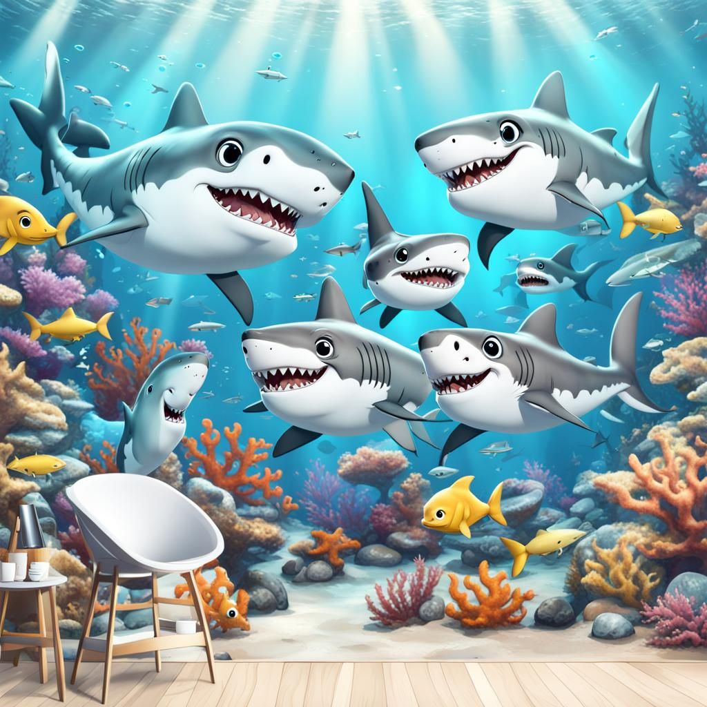 Chibi cute baby sharks singing cartoon looking, under the sea in a ...