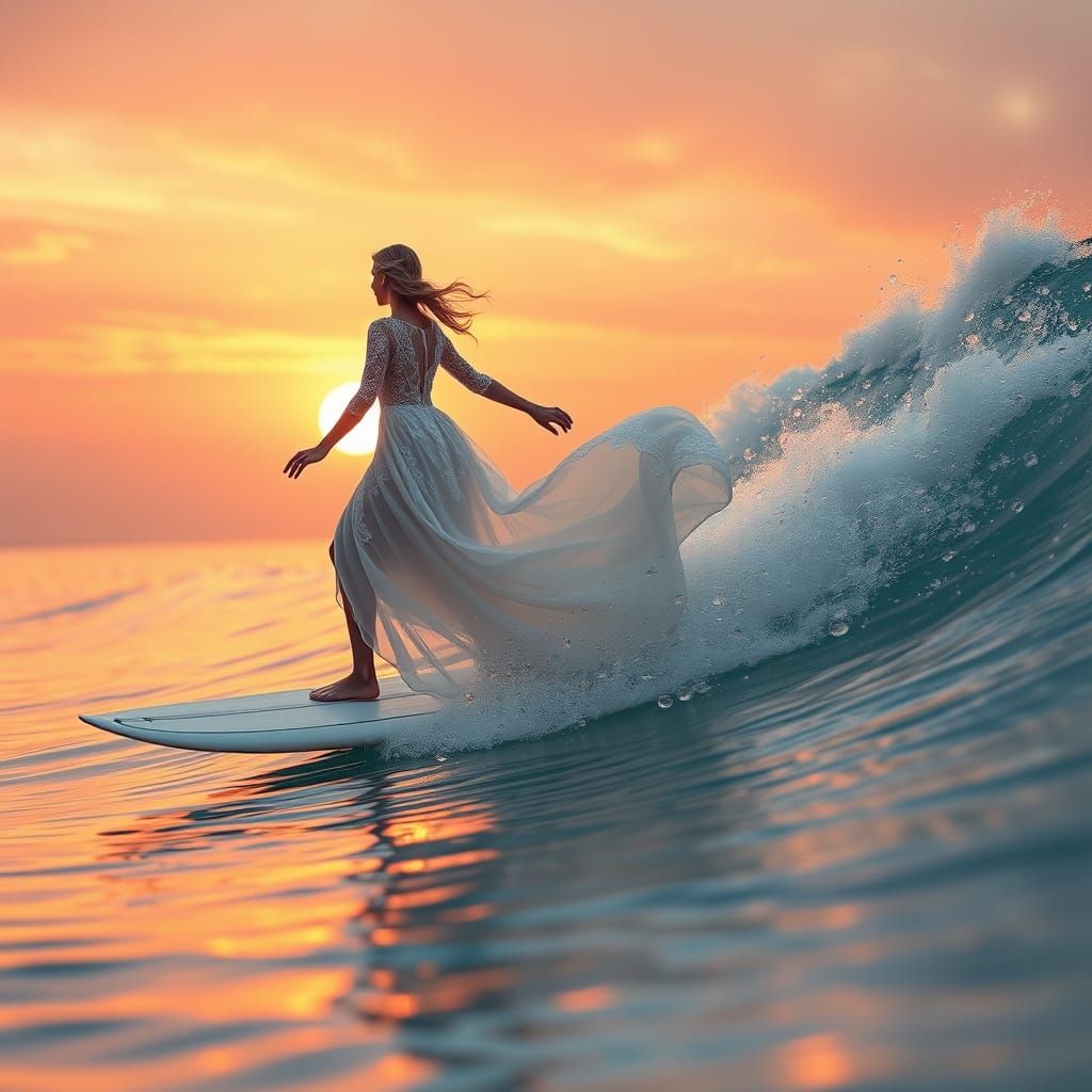 Serene Sunset Goddess Riding Majestic Wave