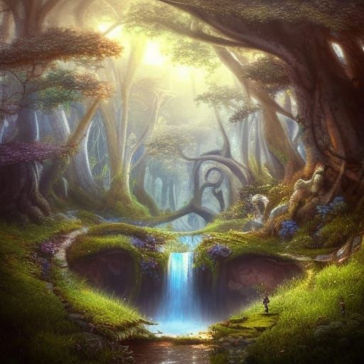 Highly detailed enchanted landscape with fairies mysterious trees ...