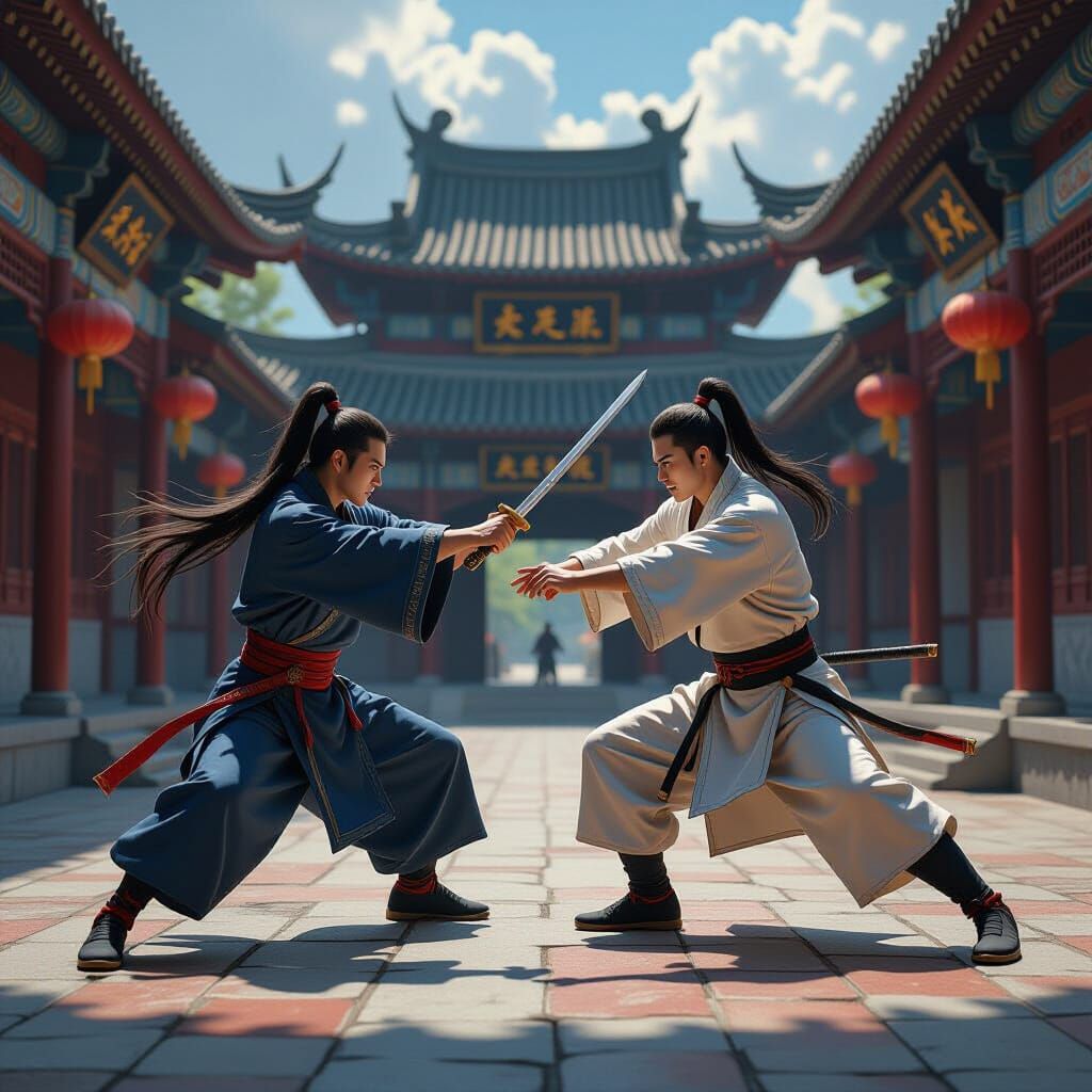 An image of two kungfu masters battling it out in an open courtyard in China. Kungfu poses. Hyperrealistic features. Vivid colours.